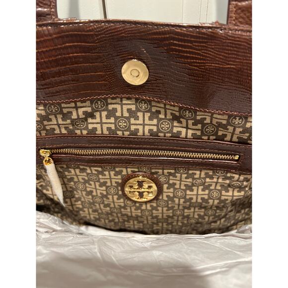 NWT Tory Burch Women's T Monogram-Embossed Nord Anniversary E/W Tote OS Brown - Picture 7 of 9